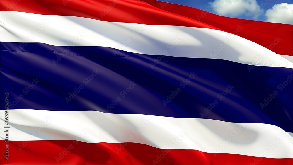 Fototapeta premium A waving flag of thailand with red white and blue stripes in the sky