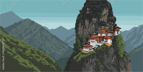 Exploring the ancient monastery himalayas digital art mountainous terrain panoramic view cultural heritage. Vector illustration