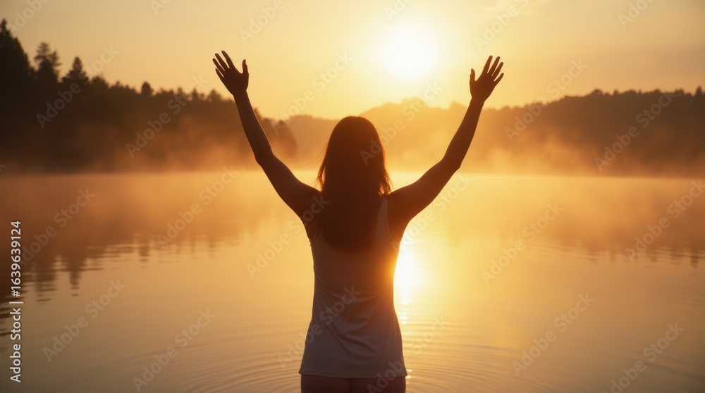 Fototapeta premium Radiant woman raising hands in victory pose on lakeside dock at sunrise with mist