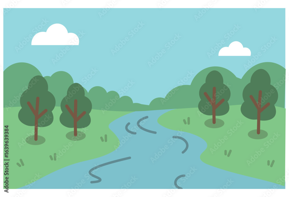 Fototapeta premium Calm river flowing through forest with blue sky, simple nature landscape background illustration for environmental and outdoor themed design projects