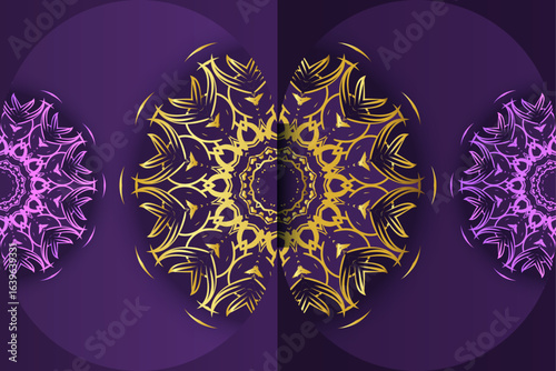 Concentric circle mandala with yellow gold purple ornate designs and symmetrical star motif for decorative art