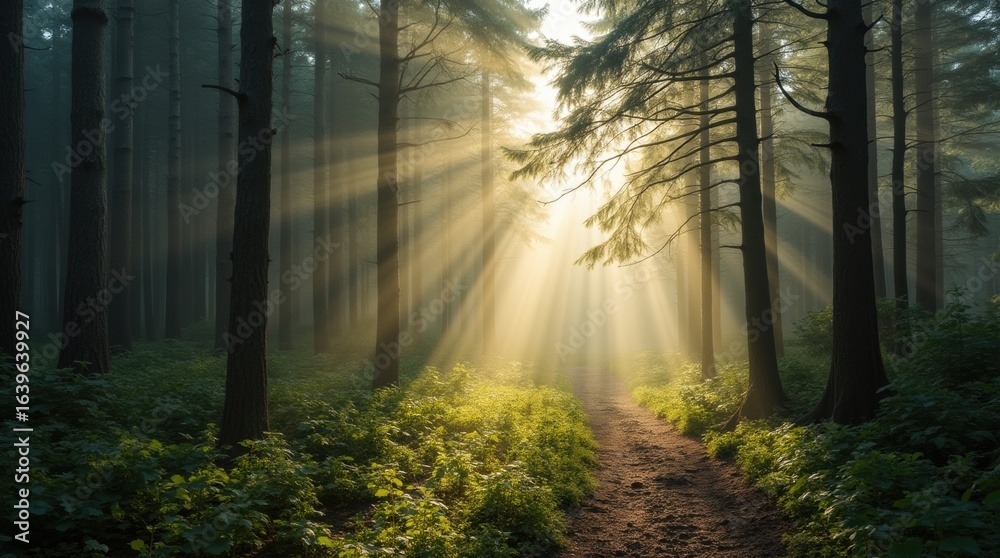 Obraz premium Winding forest trail sunbeams morning mist towering trees