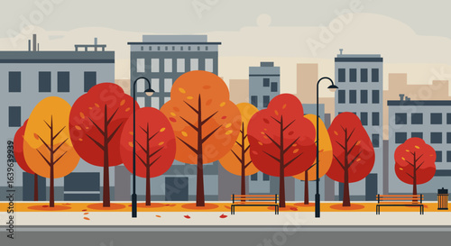 Autumn color change trees in city park digital illustration urban landscape calm environment perspective view. Vector illustration