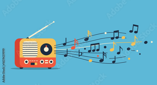 Music playing from retro radio digital art vibrant background fun atmosphere creative perspective. Vector illustration