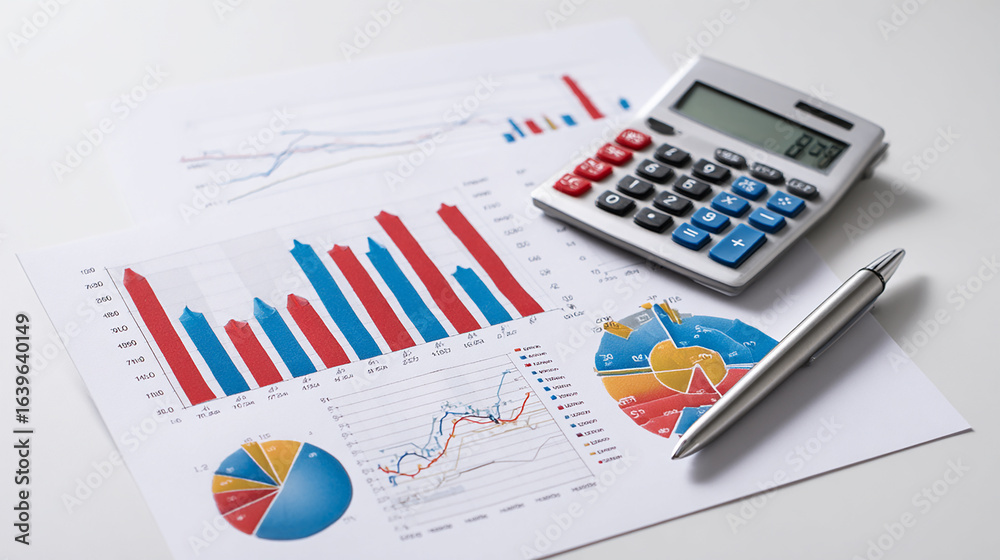 Chart and graphs printed on paper with calculator and pen, white background. Chart and graphs printed on paper with calculator and pen, white background.