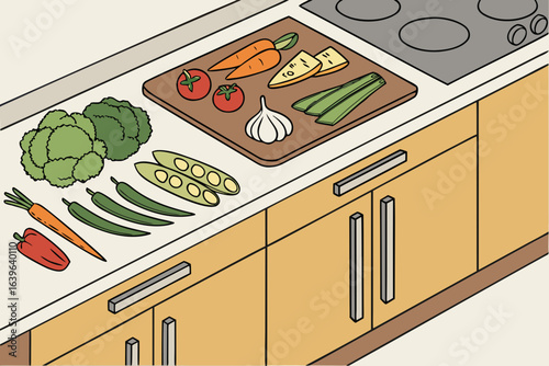 Fresh vegetables and ingredients arranged on a kitchen counter with a cutting board and stove
