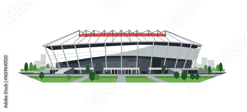 Spectacular sports event modern stadium digital illustration urban environment aerial view engaging concept. Vector illustration