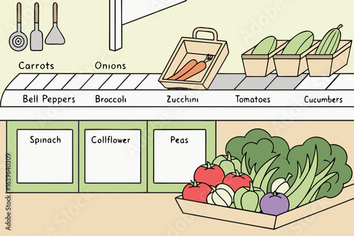Cartoon illustration of a conveyor belt with various vegetables and labels