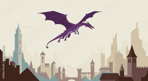 Epic dragon flight over medieval cityscape fantasy illustration vibrant colors aerial perspective. Vector illustration