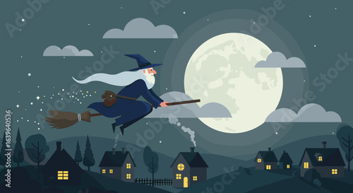 Mystical witch flying over enchanted village under full moon digital art nighttime whimsical fantasy. Vector illustration