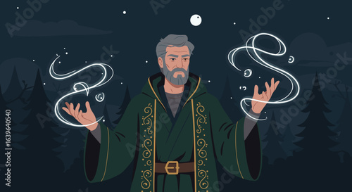 Mystical sorcerer casting spells in enchanted forest at night illustrative artwork fantastical setting dynamic perspective. Vector illustration