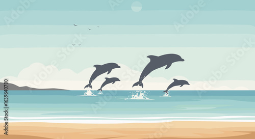 Dolphins jumping joyfully in the ocean coastal beach digital art serene environment aerial view marine life concept. Vector illustration