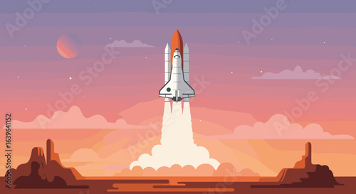 Rocket launching during sunset space digital art cosmic environment aerial view innovation concept. Vector illustration