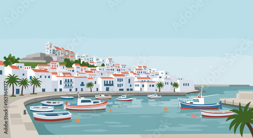 Serene harbor scene with boats and whitewashed buildings coastal village illustration calm waters aerial view tranquility. Vector illustration