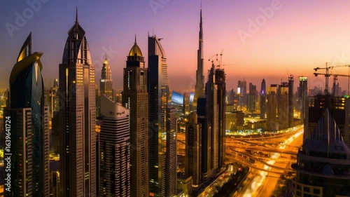 Bustling City Skyline at Dusk with Illuminated Skyscrapers and Vibrant Colorful Sky — 4K HD Video Footage Download, Modern Futuristic Urban Landscape
