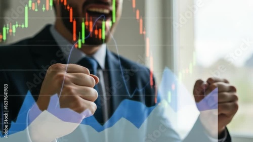 Businessman celebrating financial success with stock market graphs in the background