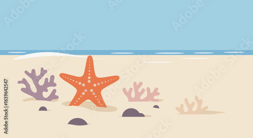 Exploring marine life starfish on the beach nature illustration calm environment coastal view. Vector illustration