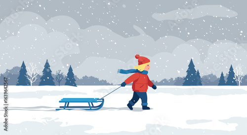 Child enjoying winter fun snowy landscape digital illustration outdoors side view playfulness. Vector illustration