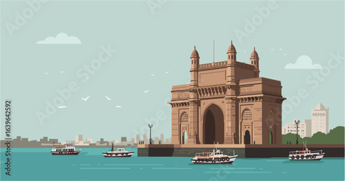 Sailing boats near the gateway of india mumbai digital illustration coastal scene aerial view cultural landmark. Vector illustration