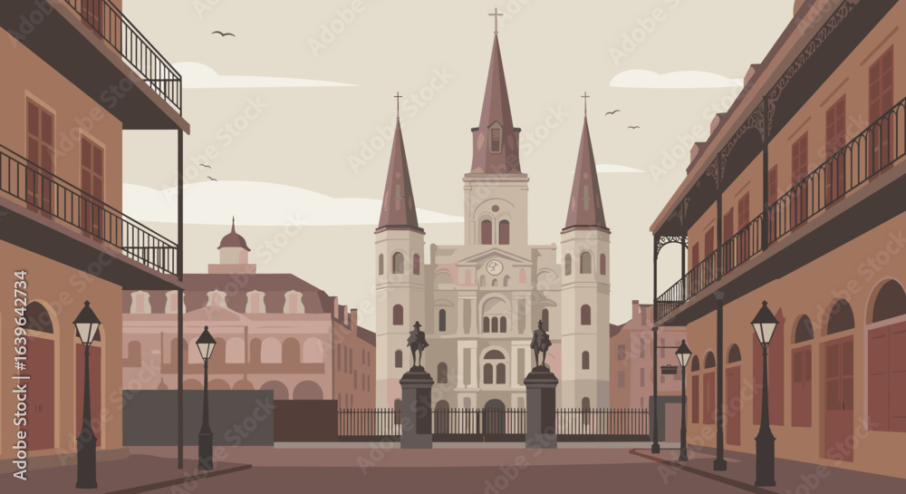 Fototapeta premium Historic cathedral celebration in new orleans architecture cityscape urban environment aerial view cultural heritage. Vector illustration