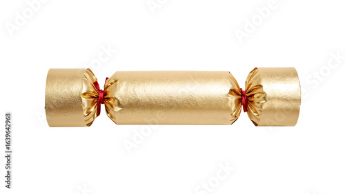 Gold christmas cracker with red ribbon isolatedon the transparent background, festive holiday celebration party favor