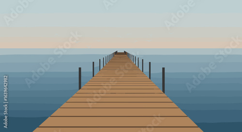 Scenic view of a wooden pier over calm waters at sunrise digital art tranquil environment perspective concept. Vector illustration
