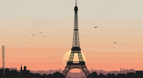 Sunset view of the eiffel tower paris digital art urban landscape aesthetic perspective. Vector illustration