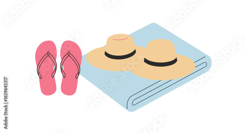 Beach essentials flip flops and sun hats on a towel summer vibes relaxing atmosphere aerial view. Vector illustration