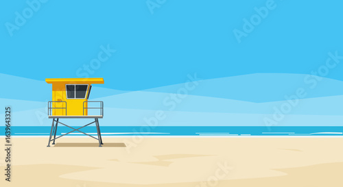 Lifeguard tower watching over calm beach waves sunny day digital art serene environment wide-angle view. Vector illustration