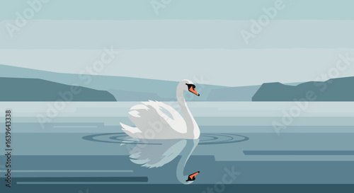 Graceful swans floating in serene lake waters nature exploration tranquil environment peaceful viewpoint. Vector illustration