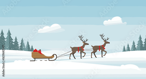 Festive sleigh ride with reindeer in a winter wonderland animated scene snowy landscape cheerful and whimsical view. Vector illustration