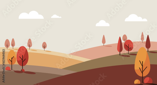 Autumn landscape scene serene hills digital illustration nature panoramic view tranquil atmosphere. Vector illustration