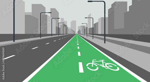 Bicycling adventure on urban bike lane cityscape digital illustration modern environment aerial view eco-friendly transport. Vector illustration