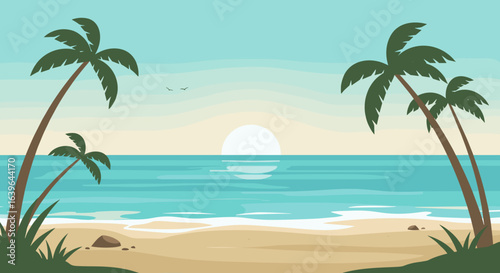 Sunset beach scene with palms coastal location digital artwork tranquil environment wide view nature concept. Vector illustration