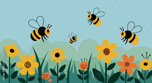 Bees collecting nectar vibrant flower garden digital illustration sunny day aerial view nature's harmony. Vector illustration