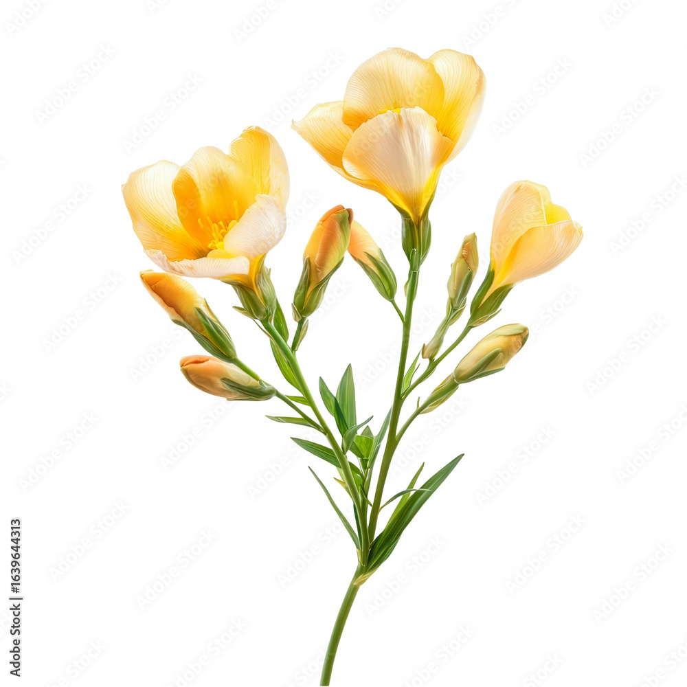 Fototapeta premium Elegant Yellow Freesia Flowers Dark Background isolated on transparent background cutout
