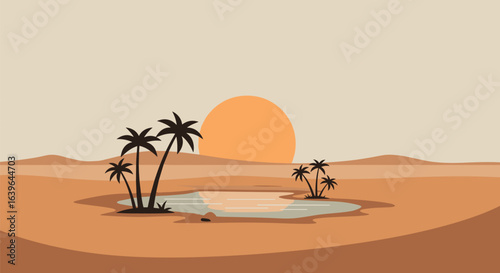 Sunset reflections over a serene oasis desert landscape digital illustration tranquil environment wide angle view. Vector illustration