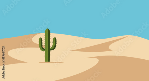 Exploring the desert landscape with a lone cactus in a vast sandy environment. Vector illustration