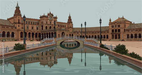 Historic architecture reflection plaza de espana digital artwork urban landscape wide angle cultural heritage. Vector illustration