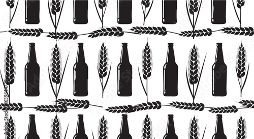 Black and white beer and wheat pattern, seamless vector illustration