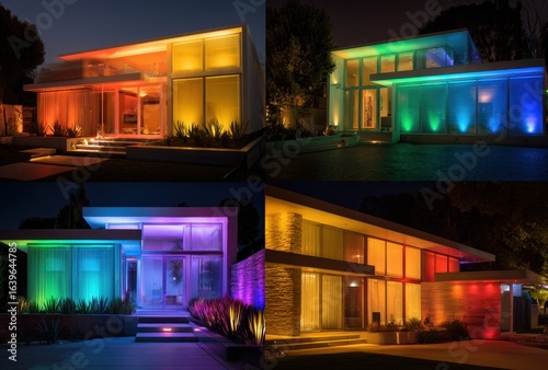 A modern house is illuminated at night with colorful LED lights, showcasing various dynamic lighting patterns and effects for architectural design.