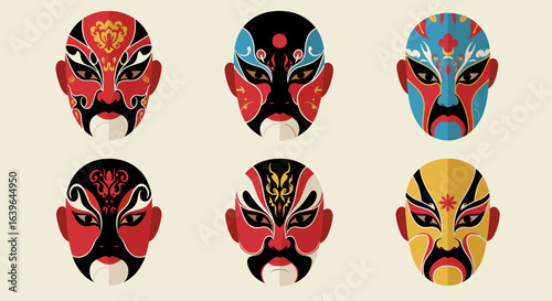 Cultural celebration of traditional masks china artwork vibrant environment close-up view heritage significance. Vector illustration