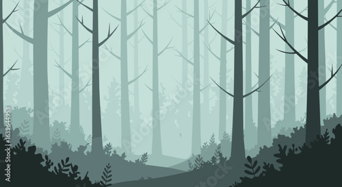 Exploring the enigmatic forest path misty woodland digital illustration serene environment atmospheric perspective. Vector illustration