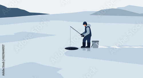 Ice fishing adventure on frozen lake scenic winter landscape digital illustration tranquil environment aerial view. Vector illustration