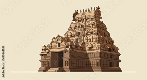 Exploration of ancient architecture indian temple 3d model minimalist design side view cultural heritage. Vector illustration