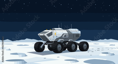 Exploring lunar terrain moon rover expedition outer space animation nighttime futuristic concept. Vector illustration