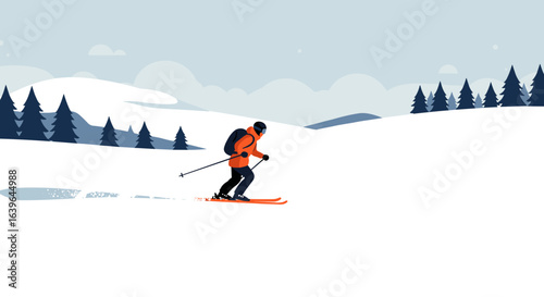 Skiing adventure in a snowy landscape dynamic action shot winter sports outdoor environment aerial view thrilling experience. Vector illustration