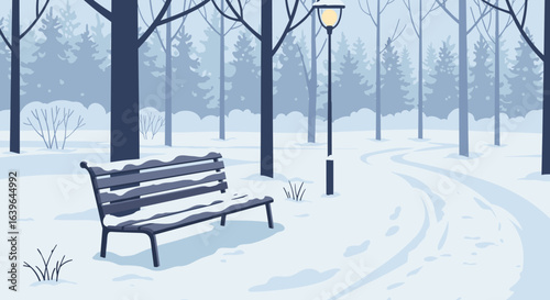 Winter serenity snowy park scene featuring a bench in a quiet forest environment. Vector illustration