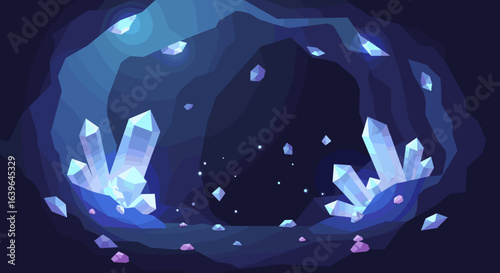 Enchanting crystal cave exploration mystical location digital art dark environment fantasy viewpoint nature concept. Vector illustration