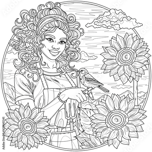 A woman with a bird among sunflowers in frame. Autumn.Coloring book antistress for children and adults.	